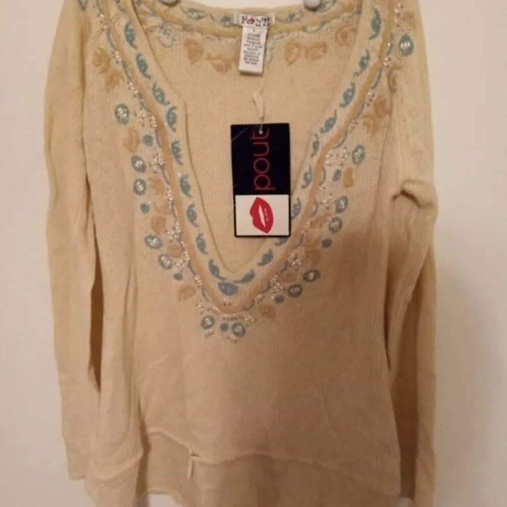 Pout Size Large Color Ivory Women's Long Sleeve Dress Sweater Brand New With Tag